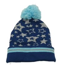 Tmavomodro-světlemodrá funkční pletená čepice s hvězdičkami a bambulí crane