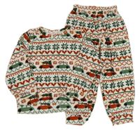 Bílo-rezavo-šalvějové vzorované plyšové pyžamo s auty a vločkami Tu