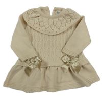 Béžové pletené šaty se vzorem a mašlemi a volánkem Pex