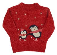 Červený melírovaný žinylkový svetr s tučňáčky a flitry C&A