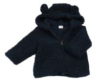 Tmavomodrá huňatá podšitá bunda s kapucí s oušky F&F