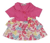 Bílo-tmavorůžové šaty s motýlky a mašlí a límečkem 