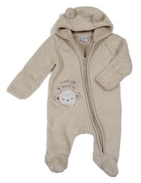 Béžová huňatá kombinéza s opičkou a kapucí s oušky Real Baby