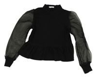 Černá žebrovaná crop halenka s organzovými rukávy Pep&co