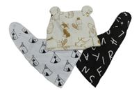 3set - Smetanová bavlněná čepice se zvířaty + černý šátek s písmeny + bílý se stany