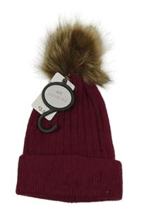 Nové - Vínová žebrovaná pletená čepice s bambulí Primark