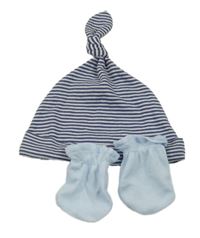 2set - Tmavomodro-bílá pruhovaná bavlněná čepice + světlemodré rukavičky