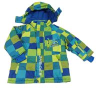 Limetkovo-modrozeleno-modrá kostkovaná šusťáková lyžařská bunda s kapucí Orchestra