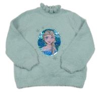 Zelený třpytivý chlupatý svetr s Elsou a překlápěcími flitry C&A