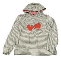 Béžovo-černá pruhovaná mikina se srdíčky a kapucí Yigga