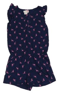 Tmavomodrý bavlněný kraťasový overal s plameňáky Pocopiano