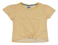 Hořčicovo-bílé pruhované crop tričko s uzlem Pocopiano