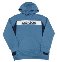 Modro-tmavomodro-bílá mikina s nápisem a kapucí Adidas