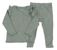 2set - Zelenošedé květované žebrované triko s volánky + legíny M&S