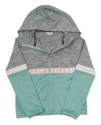 Šedo-bílo-tyrkysová melírovaná propínací sportovní mikina s nápisem a kapucí H&M