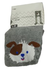 Nové - šedé punčocháče s pruhy a pejskem 