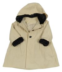 Béžovo-černý jarní kabát s kožešinou a kapucí 