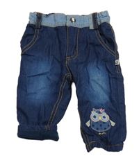 Tmavomodré podšité rifle se sovou a nápisy 