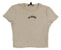 Béžové žebrované úpletové crop tričko s nápisem New Look