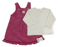 Nové - 2set - Fuchsiové květované manšestrové laclové šaty + bílé triko St. Bernard