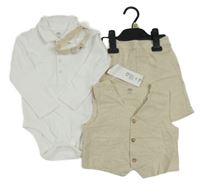 Nové - 4set - Bílé body s límečkem + béžový lněný motýlek + lněná vesta + lněné kraťasy F&F