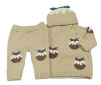 3set- béžový svetr s ozdobami+ legíny+ čepice F&F