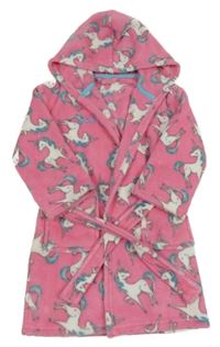 Růžový chlupatý župan s jednorožci a kapucí 