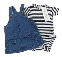 Nové - 2set- modré riflové laclové šaty+ pruhované body F&F