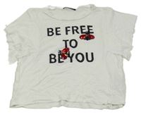 Bílé crop tričko s nápsiem a korálky Sisley