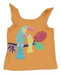 Oranžový top s ptáčky a volány