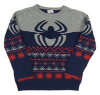 Šedo-tmavomodrý svetr s pavoukem a vzorem - Spiderman George