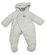 Bílá chlupatá zateplená kombinéza s medvídkem a kapucí 