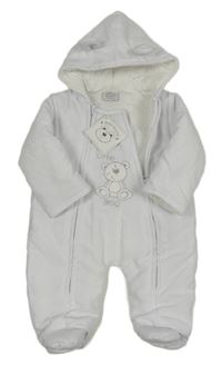 Nové - Bílá šusťáková zimní kombinéza s medvídkem a kapucí 