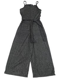 Černo-stříbrný pruhovaný lehký culottes overal s páskem Candy