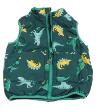 Tmavozelená šusťáková zateplená oboustranná vesta s dinosaury 