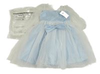 Nové - Světlemodro-bílé puntíkaté tylové slavnostní šaty 