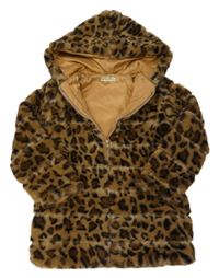 Hnědý leopardí kožešinový podšitý kabát s kapucí 