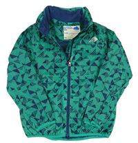 Zeleno-tmavomodrá vzorovaná šusťáková jarní bunda s ukrývací kapucí