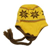 Žluto-hnědá pletená podšitá ušanka se vzorem