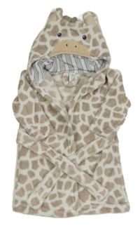 Béžovo-bílý vzorovaný chlupatý župan s kapucí - kravička 