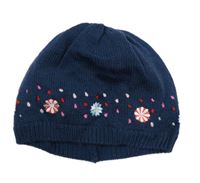 Tmavomodrá pletená čepice s kytičkami Next 