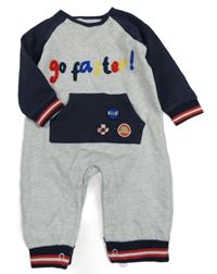 Šedo-tmavomodrý teplákový overal s klokankou a nápisem