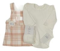 Nové - 3set -Růžovo-bílé kostkované fleecové šaty + bílé body + bílé punčocháče George 