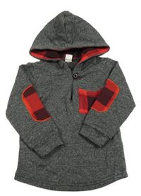 Šedo-červená mikina s nášivkami a kapucí 