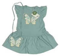 Nové - 2set - Zelenošedá šatová tunika s motýlem + crossbody kabelka