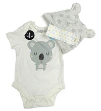 Nový - 2Set - Smetanové body s koalou + světlešedá melírovaná čepice s hvězdičkami a oušky F&F