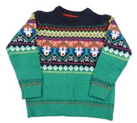 Zeleno-tmavomodro-červený melírovaný svetr se soby a vzorem St. Bernard