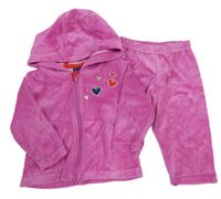 2Set - Tmavorůžová sametová propínací mikina se srdíčky a kapucí + tepláky lupilu