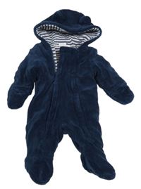 Tmavomodrá plyšová zateplená kombinéza s kapucí s oušky BORNINO