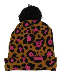 Hnědo-černo-tmavorůžová vzorovaná čepice s bambulí ZEEMAN